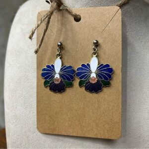 Vintage Cloisonné Flower Dangle Post Enamel Flower Orchid Hibiscus